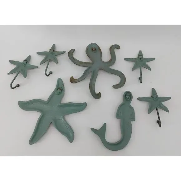 Bath Metal Coastal Mermaid Starfish Green Distressed 7 pcs - Picture 2 of 16